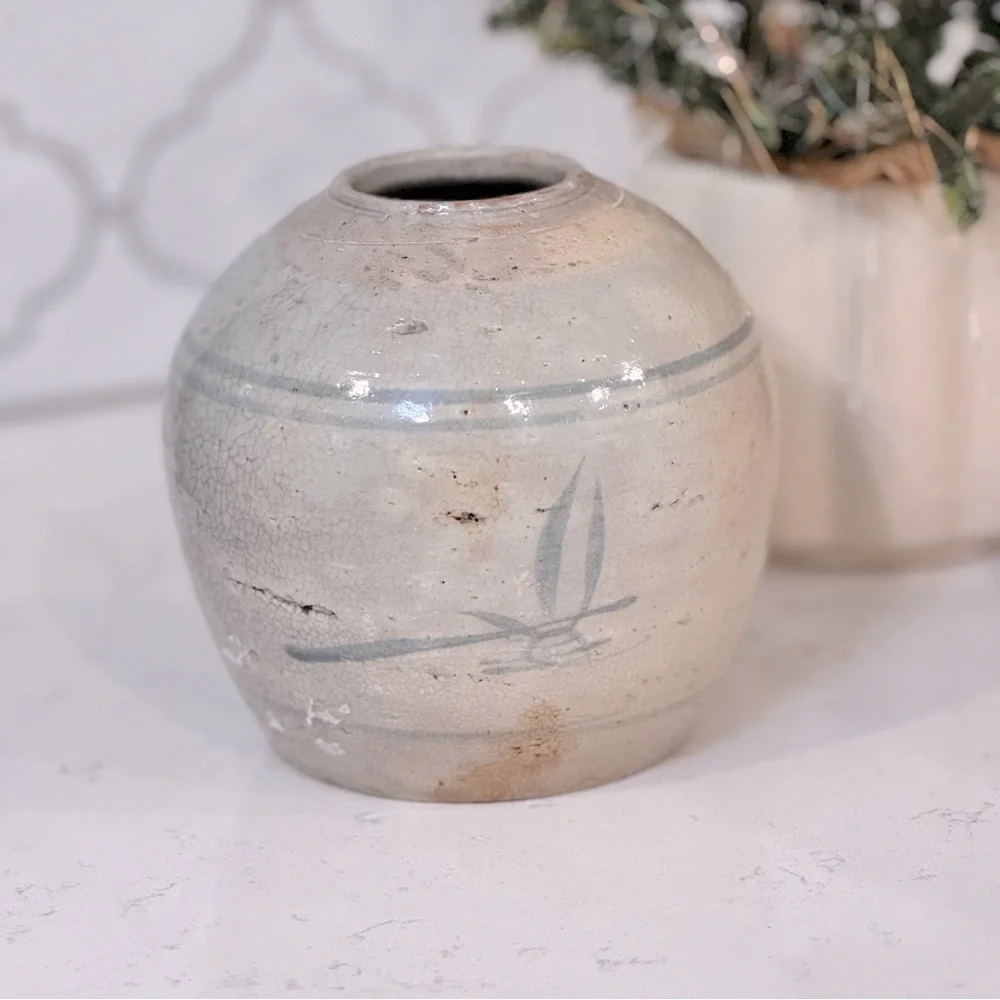 Antique Chinese Stoneware 6” Chinoiserie Ginger Jar